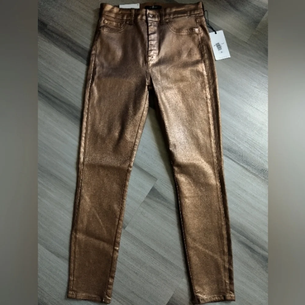 7 For All Mankind Metallic Gold High Waist Skinny Jeans - Picture 2 of 9